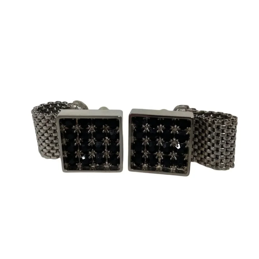 Lucien Perreaux Vintage Cuff Links Silver Toned Black Rhinestone Square
